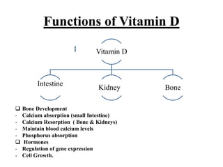 Functions of Vitamin D
Vitamin D
Intestine
Kidney Bone
 Bone Development
- Calcium absorption (small Intestine)
- Calcium Resorption ( Bone & Kidneys)
- Maintain blood calcium levels
- Phosphorus absorption
 Hormones
- Regulation of gene expression
- Cell Growth.
 