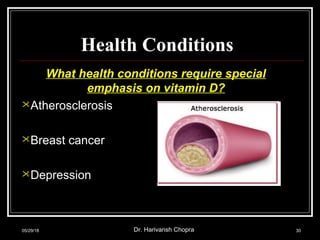 Health Conditions
What health conditions require special
emphasis on vitamin D?
Atherosclerosis
Breast cancer
Depression
05/29/18 Dr. Harivansh Chopra 30
 