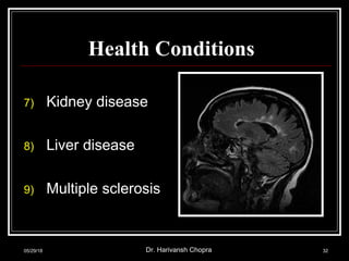 Health Conditions
7) Kidney disease
8) Liver disease
9) Multiple sclerosis
05/29/18 Dr. Harivansh Chopra 32
 