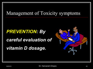 Management of Toxicity symptoms
PREVENTION: By
careful evaluation of
vitamin D dosage.
05/29/18 Dr. Harivansh Chopra 63
 