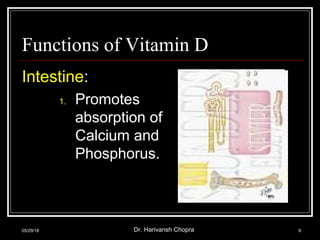 Functions of Vitamin D
Intestine:
1. Promotes
absorption of
Calcium and
Phosphorus.
05/29/18 Dr. Harivansh Chopra 9
 