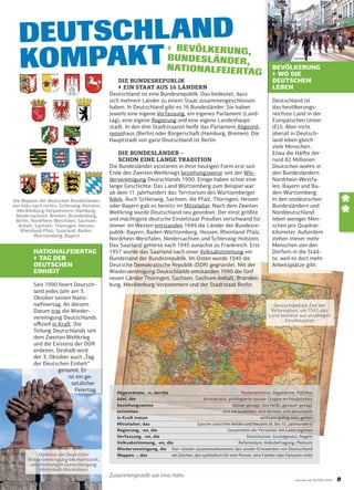 DEUTSCHLAND
KOMPAKT

› BEVÖLKERUNG,
BUNDESLÄNDER ,
NATIONALFEIERTAG

DIE BUNDESREPUBLIK
▶ EIN STAAT AUS 16 LÄNDERN
Deutschland ist eine Bundesrepublik. Das bedeutet, dass
sich mehrere Länder zu einem Staat zusammengeschlossen
haben. In Deutschland gibt es 16 Bundesländer. Sie haben
jeweils eine eigene Verfassung, ein eigenes Parlament (Landtag), eine eigene Regierung und eine eigene Landeshauptstadt. In den drei Stadtstaaten heißt das Parlament Abgeordnetenhaus (Berlin) oder Bürgerschaﬅ (Hamburg, Bremen). Die
Hauptstadt von ganz Deutschland ist Berlin.

Die Wappen der deutschen Bundesländer,
von links nach rechts: Schleswig-Holstein,
Mecklenburg-Vorpommern, Hamburg,
Niedersachsen, Bremen, Brandenburg,
Berlin, Nordrhein-Westfalen, SachsenAnhalt, Sachsen, Thüringen, Hessen,
Rheinland-Pfalz, Saarland, BadenWürttemberg, Bayern

NATIONALFEIERTAG
▶ TAG DER
DEUTSCHEN
EINHEIT
Seit 1990 feiert Deutschland jedes Jahr am 3.
Oktober seinen Nationalfeiertag. An diesem
Datum trat die Wiedervereinigung Deutschlands
oﬃziell in Kraﬅ . Die
Teilung Deutschlands seit
dem Zweiten Weltkrieg
und die Existenz der DDR
endeten. Deshalb wird
der 3. Oktober auch „Tag
der Deutschen Einheit“
genannt. Er
ist ein gesetzlicher
Feiertag.

Denkmal der Deutschen
Wiedervereinigung bei Helmstedt,
am ehemaligen Grenzübergang
Helmstedt-Marienborn

DIE BUNDESLÄNDER –
SCHON EINE LANGE TRADITION
Die Bundesländer existieren in ihrer heutigen Form erst seit
Ende des Zweiten Weltkriegs beziehungsweise seit der Wiedervereinigung Deutschlands 1990. Einige haben schon eine
lange Geschichte. Das Land Württemberg zum Beispiel war
ab dem 11. Jahrhundert das Territorium des Württemberger
Adels. Auch Schleswig, Sachsen, die Pfalz, Thüringen, Hessen
oder Bayern gab es bereits im Mittelalter. Nach dem Zweiten
Weltkrieg wurde Deutschland neu geordnet. Der einst größte
und mächtigste deutsche Einzelstaat Preußen verschwand für
immer. Im Westen entstanden 1949 die Länder der Bundesrepublik: Bayern, Baden-Württemberg, Hessen, Rheinland-Pfalz,
Nordrhein-Westfalen, Niedersachsen und Schleswig-Holstein.
Das Saarland gehörte nach 1945 zunächst zu Frankreich. Erst
1957 wurde das Saarland nach einer Volksabstimmung ein
Bundesland der Bundesrepublik. Im Osten wurde 1949 die
Deutsche Demokratische Republik (DDR) gegründet. Mit der
Wiedervereinigung Deutschlands entstanden 1990 die fünf
neuen Länder Thüringen, Sachsen, Sachsen-Anhalt, Brandenburg, Mecklenburg-Vorpommern und der Stadtstaat Berlin.

BEVÖLKERUNG
▶ WO DIE
DEUTSCHEN
LEBEN
Deutschland ist
das bevölkerungsreichste Land in der
Europäischen Union
(EU). Aber nicht
überall in Deutschland leben gleich
viele Menschen.
Etwa die Hälﬅe der
rund 82 Millionen
Deutschen wohnt in
den Bundesländern
Nordrhein-Westfalen, Bayern und Baden-Württemberg.
In den ostdeutschen
Bundesländern und
Norddeutschland
leben weniger Menschen pro Quadratkilometer. Außerdem
ziehen immer mehr
Menschen von den
Dörfern in die Städte, weil es dort mehr
Arbeitsplätze gibt.

*
*

Deutschland zur Zeit der
Reformation, um 1547; das
Land bestand aus unzähligen
Einzelstaaten

Abgeordnete, -n, der/die
Parlamentarier, Deputierter, Politiker
Adel, der
Aristokratie, privilegierte soziale Gruppe im Feudalismus
beziehungsweise
besser gesagt, das heißt, genauer gesagt
entstehen
sich herausbilden, sich formen, sich entwickeln
in Kraﬅ treten
wirksam/gültig sein; gelten
Mittelalter, das
Epoche zwischen Antike und Neuzeit (6. bis 15. Jahrhundert)
Regierung, -en, die
Gesamtheit der Personen, ein Land regieren
Verfassung, -en, die
Konstitution, Grundgesetz, Regeln
Volksabstimmung, -en, die
Referendum, Volksbefragung, Plebiszit
Wiedervereinigung, die hier: wieder zusammenkommen; das wieder Einswerden von Deutschland
Wappen, -, das
ein Zeichen, das symbolisch für eine Person, eine Familie oder Dynastie steht

Zusammengestellt von Irina Hahn

vitamin de EXTRA 2010

9

 