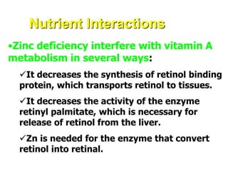 Nutrient Interactions
•Zinc deficiency interfere with vitamin A
metabolism in several ways:
It decreases the synthesis of retinol binding
protein, which transports retinol to tissues.
It decreases the activity of the enzyme
retinyl palmitate, which is necessary for
release of retinol from the liver.
Zn is needed for the enzyme that convert
retinol into retinal.
 