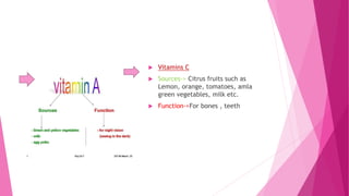  Vitamins C
 Sources-> Citrus fruits such as
Lemon, orange, tomatoes, amla
green vegetables, milk etc.
 Function->For bones , teeth
 