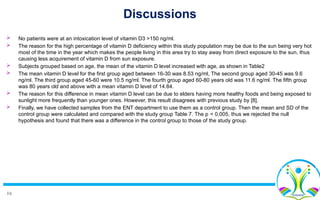 16
 No patients were at an intoxication level of vitamin D3 >150 ng/ml.
 The reason for the high percentage of vitamin D deficiency within this study population may be due to the sun being very hot
most of the time in the year which makes the people living in this area try to stay away from direct exposure to the sun, thus
causing less acquirement of vitamin D from sun exposure.
 Subjects grouped based on age, the mean of the vitamin D level increased with age, as shown in Table2
 The mean vitamin D level for the first group aged between 16-30 was 8.53 ng/ml, The second group aged 30-45 was 9.6
ng/ml. The third group aged 45-60 were 10.5 ng/ml. The fourth group aged 60-80 years old was 11.6 ng/ml. The fifth group
was 80 years old and above with a mean vitamin D level of 14.84.
 The reason for this difference in mean vitamin D level can be due to elders having more healthy foods and being exposed to
sunlight more frequently than younger ones. However, this result disagrees with previous study by [8].
 Finally, we have collected samples from the ENT department to use them as a control group. Then the mean and SD of the
control group were calculated and compared with the study group Table 7. The p < 0.005, thus we rejected the null
hypothesis and found that there was a difference in the control group to those of the study group.
Discussions
 