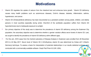 3
Motivations
 Vitamin D3 regulates the uptake of calcium from the intestinal tract and enhances bone growth. Vitamin D3 deficiency
causes many health problems such as autoimmune diseases, Crohn's disease, diabetes, inflammation, asthma,
hypertension, and cancer.
 Vitamin D3 (Cholecalciferol) deficiency has been documented as a persistent problem among adults, children, and elderly
persons in most countries especially during winter. One-third of the worldwide population suffers from Vitamin D3
hypovitaminosis due to inadequate exposure to sunlight.
 Our primary objective of this study was to determine the prevalence of vitamin D3 deficiency among the Sulaimani City
population, the secondary objective was to determine whether a gender variation affects serum levels of vitamin D3. Last,
we sought to identify the prevalence of vitamin D3 deficiency within different ages.
 For this aim, 3519 cases from the Central Laboratory of Disease Analysis in Sulaimani were enrolled from 26 November
2014 to 24 May 2017. Serum level of Vitamin D3 (1,25-dihydroxy vitamin D) was determined by Cobas e411 (Hitachi-
Germany) technique. To assess a basis for interpretation of potential relationships in our results statistical analyses were
conducted with a commercially available software Graph Pad Prism 6.0 (WI, USA).
 