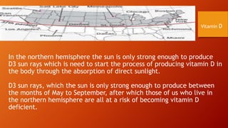 Vitamin D

In the northern hemisphere the sun is only strong enough to produce
D3 sun rays which is need to start the process of producing vitamin D in
the body through the absorption of direct sunlight.
D3 sun rays, which the sun is only strong enough to produce between
the months of May to September, after which those of us who live in
the northern hemisphere are all at a risk of becoming vitamin D
deficient.

 