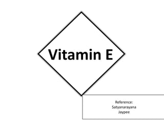 Vitamin E
By Momina M.Asif
Instructor: Dr.Iqra Farid
Reference:
Satyanarayana
Jaypee
 