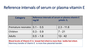Reference intervals of serum or plasma vitamin E
Category Reference intervals of serum or plasma vitamin E
mg/dl μmols /L
Premature neonates 0.1 - 0.5 2.3 - 11.6
Children 0.3 - 0.9 7 - 21
Adults 0.5 - 1.8 12- 42
Blood levels of Vitamin E in breast fed infant is more than bottle fed infant.
Mammary transfer of Vitamin E is more than placental transfer .
 