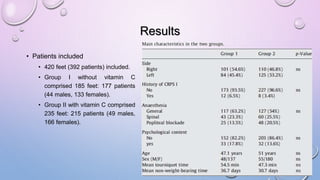 Results
• Patients included
• 420 feet (392 patients) included.
• Group I without vitamin C
comprised 185 feet: 177 patients
(44 males, 133 females).
• Group II with vitamin C comprised
235 feet: 215 patients (49 males,
166 females).
 