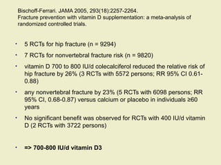 Bischoff-Ferrari. JAMA 2005, 293(18):2257-2264.
Fracture prevention with vitamin D supplementation: a meta-analysis of
randomized controlled trials.
• 5 RCTs for hip fracture (n = 9294)
• 7 RCTs for nonvertebral fracture risk (n = 9820)
• vitamin D 700 to 800 IU/d colecalciferol reduced the relative risk of
hip fracture by 26% (3 RCTs with 5572 persons; RR 95% CI 0.61-
0.88)
• any nonvertebral fracture by 23% (5 RCTs with 6098 persons; RR
95% CI, 0.68-0.87) versus calcium or placebo in individuals ≥60
years
• No significant benefit was observed for RCTs with 400 IU/d vitamin
D (2 RCTs with 3722 persons)
• => 700-800 IU/d vitamin D3
 