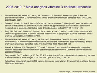2005-2010: 7 Meta-analyses vitamine D en fractuurreductie
• Bischoff-Ferrari HA, Willett WC, Wong JB, Giovannucci E, Dietrich T, Dawson-Hughes B: Fracture
prevention with vitamin D supplementation: a meta-analysis of randomized controlled trials. JAMA 2005,
293(18):2257-2264.
• Boonen S, Lips P, Bouillon R, Bischoff-Ferrari HA, Vanderschueren D, Haentjens P: Need for additional
calcium to reduce the risk of hip fracture with vitamin d supplementation: evidence from a comparative
metaanalysis of randomized controlled trials. J Clin Endocrinol Metab 2007, 92(4):1415-1423.
• Tang BM, Eslick GD, Nowson C, Smith C, Bensoussan A: Use of calcium or calcium in combination with
vitamin D supplementation to prevent fractures and bone loss in people aged 50 years and older: a meta-
analysis. Lancet 2007, 370(9588):657-666.
• Bischoff-Ferrari HA, Willett WC, Wong JB, Stuck AE, Staehelin HB, Orav EJ, Thoma A, Kiel DP,
Henschkowski J: Prevention of nonvertebral fractures with oral vitamin D and dose dependency: a meta-
analysis of randomized controlled trials. Arch Intern Med 2009, 169(6):551-561.
• Avenell A, Gillespie WJ, Gillespie LD, O'Connell D: Vitamin D and vitamin D analogues for preventing
fractures associated with involutional and post-menopausal osteoporosis. Cochrane Database Syst Rev
2009(2):CD000227.
• Bergman GJ, Fan T, McFetridge JT, Sen SS: Efficacy of vitamin D3 supplementation in preventing fractures
in elderly women: a meta-analysis. Curr Med Res Opin 2010, 26(5):1193-1201.
• Patient level pooled analysis of 68 500 patients from seven major vitamin D fracture trials in US and Europe.
BMJ 2010, 340:b5463
van den Bergh, Curr osteoporos reviews, in press
 