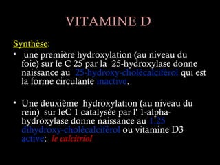 VITAMINE D
Synthèse:
• une première hydroxylation (au niveau du
  foie) sur le C 25 par la 25-hydroxylase donne
  naissance au 25-hydroxy-cholécalciférol qui est
  la forme circulante inactive.

• Une deuxième hydroxylation (au niveau du
  rein) sur leC 1 catalysée par l' 1-alpha-
  hydroxylase donne naissance au 1,25
  dihydroxy-cholécalciférol ou vitamine D3
  active: le calcitriol
 