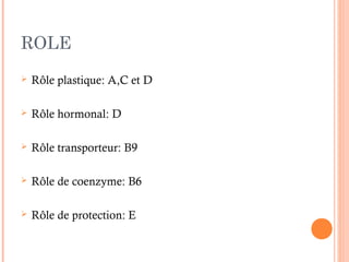 ROLE
 Rôle plastique: A,C et D
 Rôle hormonal: D
 Rôle transporteur: B9
 Rôle de coenzyme: B6
 Rôle de protection: E 
 