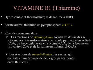 VITAMINE B1 (Thiamine)
• Hydrosoluble et thermolabile; et dénaturée à 100°C

• Forme active: thiamine de pyrophosphate « TPP »

• Rôle de coenzyme dans:
    Les réactions de décarboxylation oxydative des acides a-
    cétoniques ( transformations de l'acide pyruvique en acétyl-
    CoA, de l'a-cétoglutarate en succinyl-CoA, de la leucine en
    isovaléryl-CoA et de la valine en isobutyryl-CoA).

     Les réactions de transcétolisation des sucres, qui
     consiste en un échange de deux groupes carbonés
     entre 02 sucres .
 
 