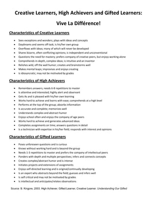 Vive La Difference! Creative Learners, High Achievers, and Gifted Learners Slide 1
