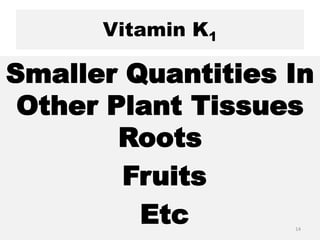 Vitamin K1
Smaller Quantities In
Other Plant Tissues
Roots
Fruits
Etc 14
 