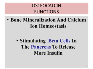 OSTEOCALCIN
FUNCTIONS
• Bone Mineralization And Calcium
Ion Homeostasis
• Stimulating Beta Cells In
The Pancreas To Release
More Insulin
33
 