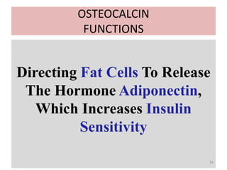 OSTEOCALCIN
FUNCTIONS
Directing Fat Cells To Release
The Hormone Adiponectin,
Which Increases Insulin
Sensitivity
34
 