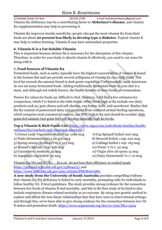 Haim R. Branisteanu
12 Gotlieb Street Tel Aviv 03-523-2744 e-mail haimbranisteanu@gmail.com
Vitamin K and D and their interactions January 19 2016 Page 4 of 8
Vitamin K2 deficiency may be a contributing factor to Alzheimer's disease, and vitamin
K2 supplementation may help in preventing it.
Vitamin K2 improves insulin sensitivity; people who get the most vitamin K2 from their
foods are about 20 percent less likely to develop type 2 diabetes. Topical vitamin K
may help to reduce bruising. Vitamin K may have antioxidant properties
6. Vitamin K is a Fat-Soluble Vitamin
This is important because dietary fat is necessary for the absorption of this vitamin.
Therefore, in order for your body to absorb vitamin K effectively, you need to eat some fat
along with it.
7. Food Sources of Vitamin K2
Fermented foods, such as natto, typically have the highest concentration of vitamin K found
in the human diet and can provide several milligrams of vitamin K2 on a daily basis. This
level far exceeds the amount found in dark green vegetables. Unfortunately, most Americans
do not eat many fermented foods. Adding traditionally fermented foods to your diet is a
must, and although not widely known, the health benefits of these foods are tremendous.
Precise K2 values for foods are difficult to find. However, I did find a few estimates for
comparison, which I've listed in the table below. Other foods high in K2 include raw dairy
products such as; goat cheese and soft cheeses, raw butter, kefir, and sauerkraut. Realize that
the K2 content of pasteurized dairy and products from confined animal feeding operations,
which comprise most commercial sources, are NOT high in K2 and should be avoided. Only
grass-fed animals (not grain fed) will develop naturally high K2 levels.
Top 9 Vitamin K Rich Foods List (https://www.cigna.com/individuals-families/health-
wellness/hw/warfarin-and-vitamin-k-abo16321 )
1) Green Leafy Vegetables (Kale) Cup: 1062 mcg 7) Cup Spinach boiled 1027 mcg
2) Natto (fermented soy) 2 oz: 500 mcg 8) Broccoli boiled 1 cup: 220 mcg
3) Spring onions (Scallions) ½ c: 103 mcg 9) Cabbage boiled 1 cup: 163 mcg
4) Brussel’s Sprouts. Cup: 218 mcg 10) Prune ‘s ½ c: 52 mcg
5) Cucumbers 1 medium: 49 mcg 11) Virgin olive oil spoon 15 mcg
6) Asparagus cup boiled: 92 mcg 12) Dairy (fermented) ½ c: 10 mcg
Vitamin D2/D3 and K1/K2 ….K14 etc. do not lose their efficiency in cooked meals
https://pubmed.ncbi.nlm.nih.gov/23894475/ and
https://www.ncbi.nlm.nih.gov/pmc/articles/PMC8067486/
A new study from the University of South Australia provides compelling evidence
that vitamin D2/D3 deficiency is linked to early mortality, prompting calls for individuals to
follow healthy Vit. D level guidelines. The study provides strong evidence for the connection
between low levels of vitamin D and mortality, and this is the first study of its kind to also
include respiratory disease-related mortality as an outcome. By using new genetic method to
explore and affirm the non-linear relationships that they have seen in observational settings,
and through this, we’ve been able to give strong evidence for the connection between low Vit
D status and premature death. https://www.acpjournals.org/doi/10.7326/M21-3324
 