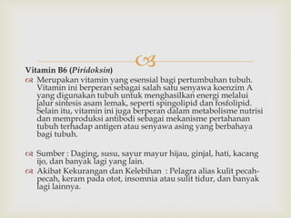 Vitamin B6 (Piridoksin)
 Merupakan vitamin yang esensial bagi pertumbuhan tubuh.
Vitamin ini berperan sebagai salah satu senyawa koenzim A
yang digunakan tubuh untuk menghasilkan energi melalui
jalur sintesis asam lemak, seperti spingolipid dan fosfolipid.
Selain itu, vitamin ini juga berperan dalam metabolisme nutrisi
dan memproduksi antibodi sebagai mekanisme pertahanan
tubuh terhadap antigen atau senyawa asing yang berbahaya
bagi tubuh.
 Sumber : Daging, susu, sayur mayur hijau, ginjal, hati, kacang
ijo, dan banyak lagi yang lain.
 Akibat Kekurangan dan Kelebihan : Pelagra alias kulit pecah-
pecah, keram pada otot, insomnia atau sulit tidur, dan banyak
lagi lainnya.
 