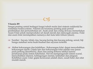 
Vitamin B9
Sangat penting untuk berbagai fungsi tubuh mulai dari sintesis nukleotid ke
remetilasi homocysteine. Vitamin ini terutama penting pada period
pembelahan dan pertumbuhan sel. Anak-anak dan orang dewasa memerlukan
Asam Folat untuk memproduksi sel darah merah dan mencegah anemia. Folat
dan asam folat mendapatkan namanya dari kata latin folium (daun).
 Sumber : bayam, lobak cina, kacang kering dan kacang polong, sereal, biji
bunga matahari serta buah-buahan dan sayuran tertentu
 Akibat kekurangan dan kelebihan : Kekurangan folat: dapat menyebabkan
kekurangan darah. Gejala lain dari kekurangan folat adalah rasa panas
pada jantung (heartburn), diare dan sering terkena infeksi karena
penekanan pada sistem kekebalan. Hal ini mempengaruhi sistem syaraf,
menyebabkan depresi, kebingungan mental, kelelahan dan pingsan.
Kelebihan asam volat: gejala keracunan adalah diare, susah tidur dan sifat
mudah marah.
 