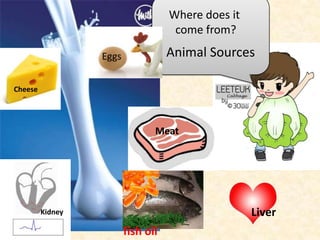 Where does it
                                     come from?

                  Eggs              Animal Sources

Cheese




                                Meat




         Kidney                                     Liver
                         fish oil
 