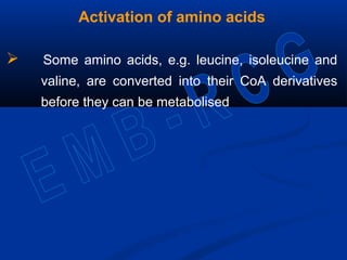 Activation of amino acids
 Some amino acids, e.g. leucine, isoleucine and
valine, are converted into their CoA derivatives
before they can be metabolised
 