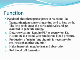 Function
 Pyridoxal phosphate participates in reactions like
1. Transamination: converting amino acid to keto acids.
The keto acids enter the citric acid cycle and get
oxidized to generate energy.
2. Decarboxylation : Require PLP as coenzyme. Eg.
Histamine is a vasodilator and lowers blood pressure.
3. Production of niacin (one vitamin is necessary for
synthesis of another vitamin)
4. Helps in protein metabolism and absorption
5. Red blood cell formation
 