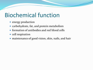 Biochemical function
 energy production
 carbohydrate, fat, and protein metabolism
 formation of antibodies and red blood cells
 cell respiration
 maintenance of good vision, skin, nails, and hair
 