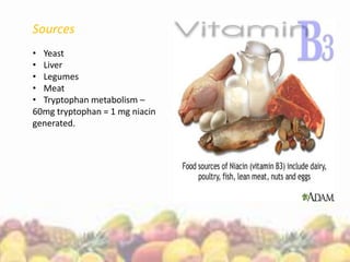 Sources
• Yeast
• Liver
• Legumes
• Meat
• Tryptophan metabolism –
60mg tryptophan = 1 mg niacin
generated.
 