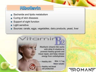 Sacharide and lipids metabolism
Curing of skin diseases
Support of sight function
Light sensitive
Sources: cerals, eggs, vegetables, dairy products, yeast, liver
 