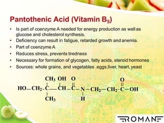 Pantothenic Acid (Vitamin B5)
• Is part of coenzyme A needed for energy production as well as
glucose and cholesterol synthesis.
• Deficiency can result in fatigue, retarded growth and anemia.
• Part of coenzyme A
• Reduces stress, prevents tiredness
• Necessary for formation of glycogen, fatty acids, steroid hormones
• Sources: whole grains, and vegetables ,eggs,liver, heart, yeast
O
N CH2 CH2 C OH
H
CH3 OH O
HO CH2 C CH C
CH3
 