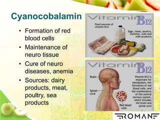 Cyanocobalamin
• Formation of red
blood cells
• Maintenance of
neuro tissue
• Cure of neuro
diseases, anemia
• Sources: dairy
products, meat,
poultry, sea
products
 