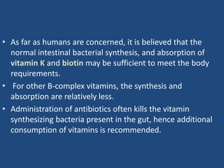 • As far as humans are concerned, it is believed that the
normal intestinal bacterial synthesis, and absorption of
vitamin K and biotin may be sufficient to meet the body
requirements.
• For other B-complex vitamins, the synthesis and
absorption are relatively less.
• Administration of antibiotics often kills the vitamin
synthesizing bacteria present in the gut, hence additional
consumption of vitamins is recommended.
 