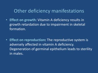 Other deficiency manifestations
• Effect on growth: Vitamin A deficiency results in
growth retardation due to impairment in skeletal
formation.
• Effect on reproduction: The reproductive system is
adversely affected in vitamin A deficiency.
Degeneration of germinal epithelium leads to sterility
in males.
 