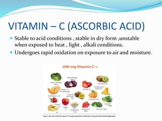 VITAMIN – C (ASCORBIC ACID)
 Stable to acid conditions , stable in dry form ,unstable
when exposed to heat , light , alkali conditions.
 Undergoes rapid oxidation on exposure to air and moisture.
 