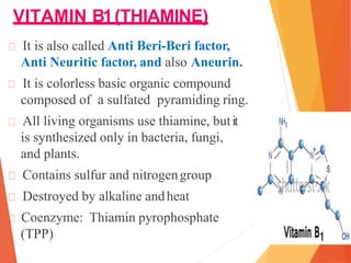VITAMIN B1(THIAMINE)
It is also called Anti Beri-Beri factor,
Anti Neuritic factor, and also Aneurin.
It is colorless basic organic compound
composed of a sulfated pyramiding ring.
All living organisms use thiamine, butit
is synthesized only in bacteria, fungi,
and plants.
Contains sulfur and nitrogengroup
Destroyed by alkaline andheat
Coenzyme: Thiamin pyrophosphate
(TPP)
 
