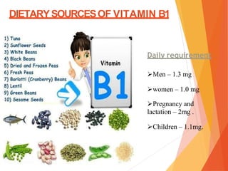 DIETARYSOURCESOF VITAMIN B1
Daily requirement
Men – 1.3 mg
women – 1.0 mg
Pregnancy and
lactation – 2mg .
Children – 1.1mg.
 