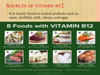 SOURCES OF VITAMIN B12
 It is mostly found in animal products such as
meat, shellfish, milk, cheese, and eggs.
 