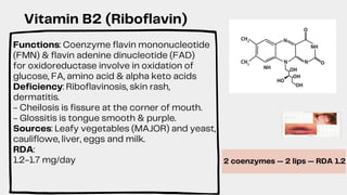 Functions: Coenzyme flavin mononucleotide
(FMN) & flavin adenine dinucleotide (FAD)
for oxidoreductase involve in oxidation of
glucose, FA, amino acid & alpha keto acids
Deficiency: Riboflavinosis, skin rash,
dermatitis.
- Cheilosis is fissure at the corner of mouth.
- Glossitis is tongue smooth & purple.
Sources: Leafy vegetables (MAJOR) and yeast,
cauliflowe, liver, eggs and milk.
RDA:
1.2-1.7 mg/day
Vitamin B2 (Riboflavin)
2 coenzymes — 2 lips — RDA 1.2
 