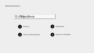 Objectives
2 Vitamins VS Biomolecules
1 Definition
Medical Chemistry 2
3 Classification
4 Vitamins in metabolism
 