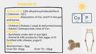 Active form: 1,25-dihydroxycholecalciferol
( Calcitriol - D3 )
Functions: Absorption of Ca+ and P in the gut
and bones.
Deficiency:
- Children ( Rickets ) weak & deformed bones.
- Adults ( Osteoporosis ) loss of Ca+.
Sources:
- Synthesis under skin in sun light.
- Animal & milk products ( fish, eggs, vit D
fortified milk, cheese, yogurt)
RDA:
Women/men = 5μg
Over 50= 10μg Over 70 = 15μg
Vitamin D
 