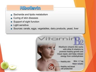 Sacharide and lipids metabolism
Curing of skin diseases
Support of sight function
Light sensitive
Sources: cerals, eggs, vegetables, dairy products, yeast, liver
 