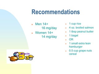 Recommendations
 Men 14+
16 mg/day
 Women 14+
14 mg/day
 1 cup rice
 4 oz. broiled salmon
 1 tbsp peanut butter
 1 bagel
 OR
 1 small extra lean
hamburger
 0.5 cup grape nuts
cereal
 