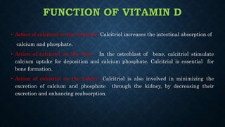 FUNCTION OF VITAMIN D
• Action of calcitriol on the intestine :Calcitriol increases the intestinal absorption of
calcium and phosphate.
• Action of calcitriol on the bone : In the osteoblast of bone, calcitriol stimulate
calcium uptake for deposition and calcium phosphate. Calcitriol is essential for
bone formation.
• Action of calcitriol on the kidney :Calcitriol is also involved in minimizing the
excretion of calcium and phosphate through the kidney, by decreasing their
excretion and enhancing reabsorption.
 