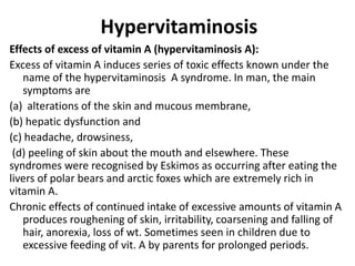Hypervitaminosis
Effects of excess of vitamin A (hypervitaminosis A):
Excess of vitamin A induces series of toxic effects known under the
name of the hypervitaminosis A syndrome. In man, the main
symptoms are
(a) alterations of the skin and mucous membrane,
(b) hepatic dysfunction and
(c) headache, drowsiness,
(d) peeling of skin about the mouth and elsewhere. These
syndromes were recognised by Eskimos as occurring after eating the
livers of polar bears and arctic foxes which are extremely rich in
vitamin A.
Chronic effects of continued intake of excessive amounts of vitamin A
produces roughening of skin, irritability, coarsening and falling of
hair, anorexia, loss of wt. Sometimes seen in children due to
excessive feeding of vit. A by parents for prolonged periods.
 