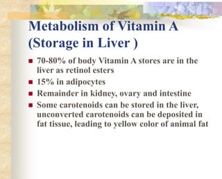 Metabolism of Vitamin A
(Storage in Liver )
 70-80% of body Vitamin A stores are in the
liver as retinol esters
 15% in adipocytes
 Remainder in kidney, ovary and intestine
 Some carotenoids can be stored in the liver,
unconverted carotenoids can be deposited in
fat tissue, leading to yellow color of animal fat
 