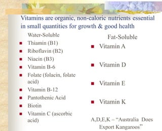 Vitamins are organic, non-caloric nutrients essential
in small quantities for growth & good health
Water-Soluble
 Thiamin (B1)
 Riboflavin (B2)
 Niacin (B3)
 Vitamin B-6
 Folate (folacin, folate
acid)
 Vitamin B-12
 Pantothenic Acid
 Biotin
 Vitamin C (ascorbic
acid)
Fat-Soluble
 Vitamin A
 Vitamin D
 Vitamin E
 Vitamin K
A,D,E,K – “Australia Does
Export Kangaroos”
 