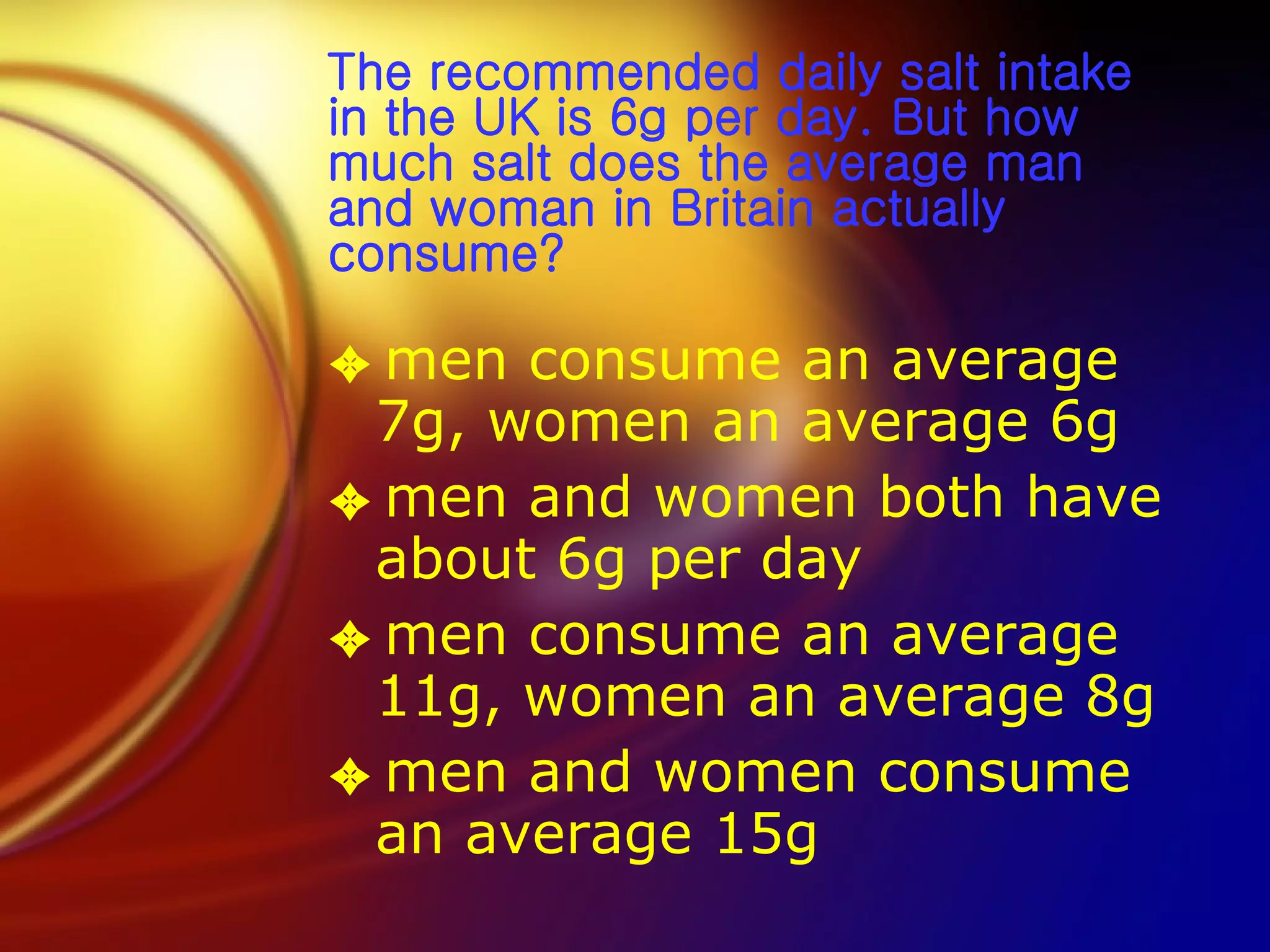 men consume an average 7g, women an average 6g  men and women both have about 6g per day  men consume an average 11g, women an average 8g  men and women consume an average 15g  The recommended daily salt intake in the UK is 6g per day. But how much salt does the average man and woman in Britain actually consume? 